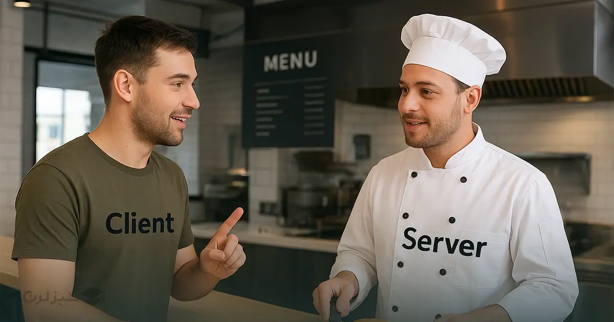 مشتری با برچسب Client و آشپز با برچسب Server در رستوران